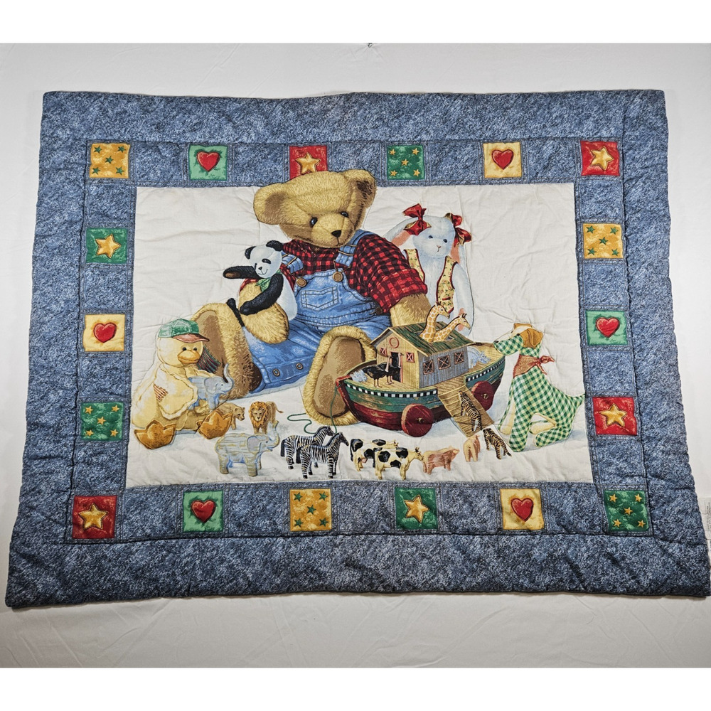 Vintage Blue Jean Teddy Baby Quilt Comforter Teddy Bear Noahs Ark Nursery 41x31